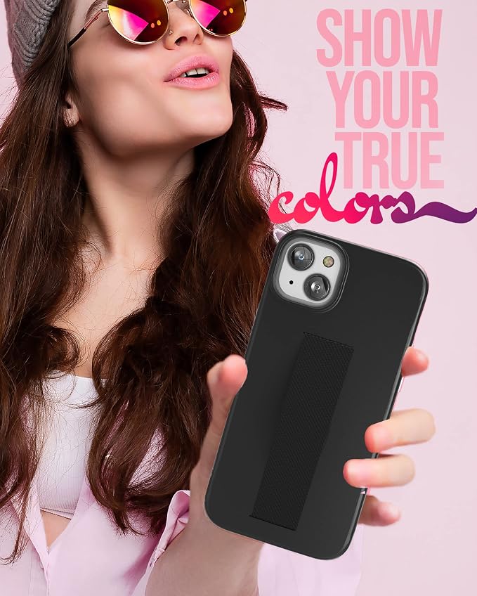 ENCASED Finger Loop Case Designed for iPhone 14 Plus Case with Hand Strap Phone Holder and Screen Protector (Black/Gold Marble)