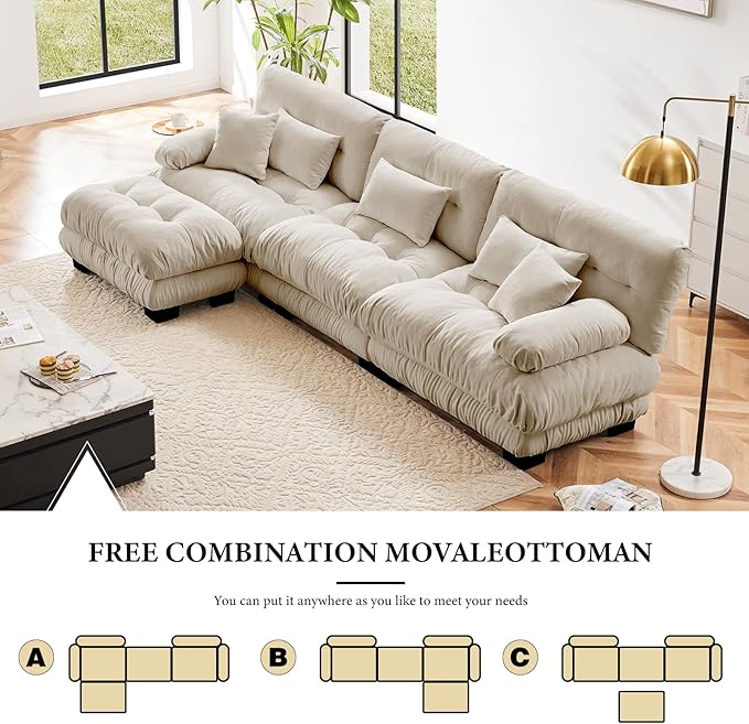 133.8" Oversized Couch, 3 Seater Modular Sectional Sofa, Beige Large L Shaped Sectional Couches for Living Room, Fluffy Couch Set, 3 Seater, Velvet Cloud Couches with Ottoman, Sofas for Living Room