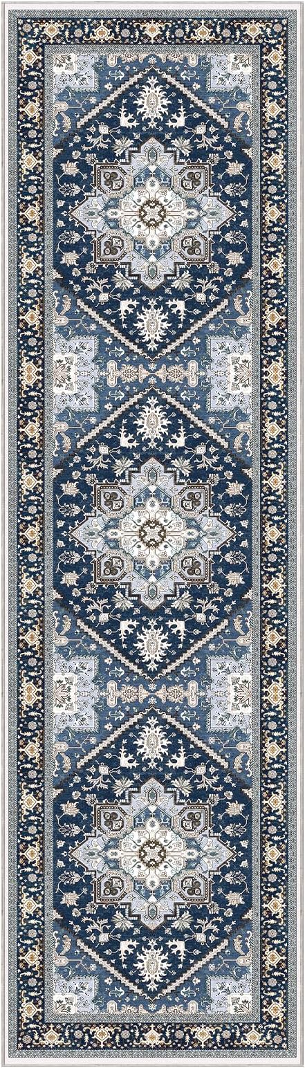 OPPODREAM Thin Entryway Rug 2x8, 2x8 Rug Runner, Washable Hallways Carpet 2 x 8 with Non Slip Backing, Low-Pile Bedside Carpet 2 x 8, Long, Faux Cashmere, Navy Blue & Gold