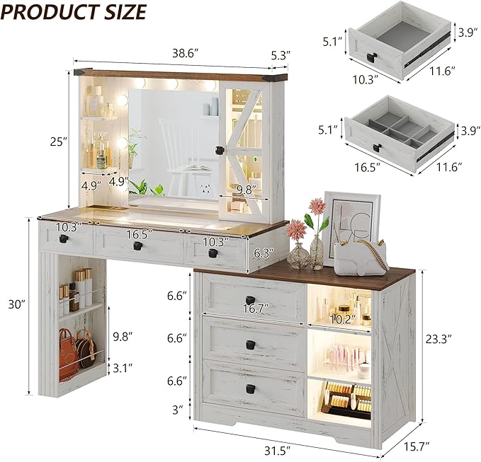 Farmhouse Vanity Desk Set with Mirror and Lights, Makeup Vanity Table with 6 Drawers/Large Storage, White Dressing Table 3 Colors Adjustable Lighting Brightness & Charging Station for Women