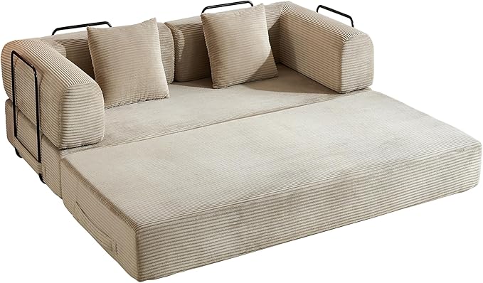 Corduroy Floor Sofa Bed, Convertible Folding Couch Bed with Fixed-Shape Frame and Armrest for Living Room Bedroom Lounge Studio-Beige