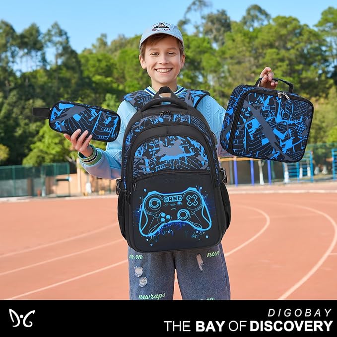 Boys Backpack for School, 3PCS Cool Luminous Gamer Backpack for Boys with Lunch Box Pencil Case, Kids Backpacks Bookbag for Teen Boy Elementary Middle High School with USB Charging Port