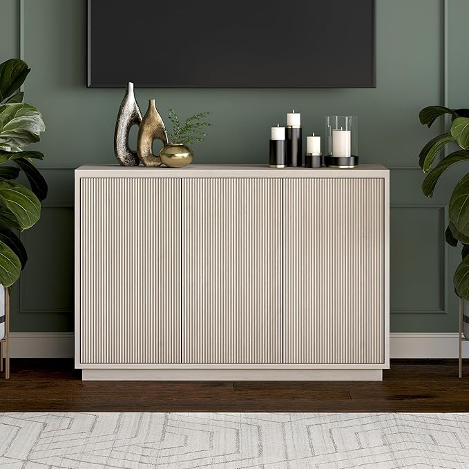 Henn&Hart 48'' Fluted Sideboard Buffet Cabinet, Modern Ribbed Credenza with 3 Doors, Adjustable Shelves, and Cable Management Cut-Outs for Dining Room, Kitchen, Living Room or Entryway, Alder White