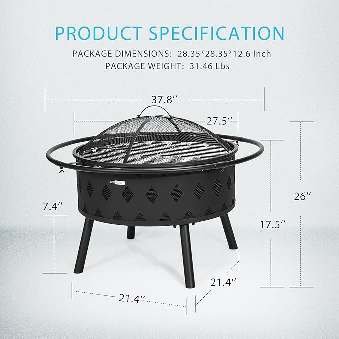 VIVOHOME 2 in 1 Outdoor Fire Pit - 36 Inch Large Bonfire Wood Burning Outside Firepit for Patio and Backyard with Spark Screen, Round Grill Grid, Poker and Fireplace Cover