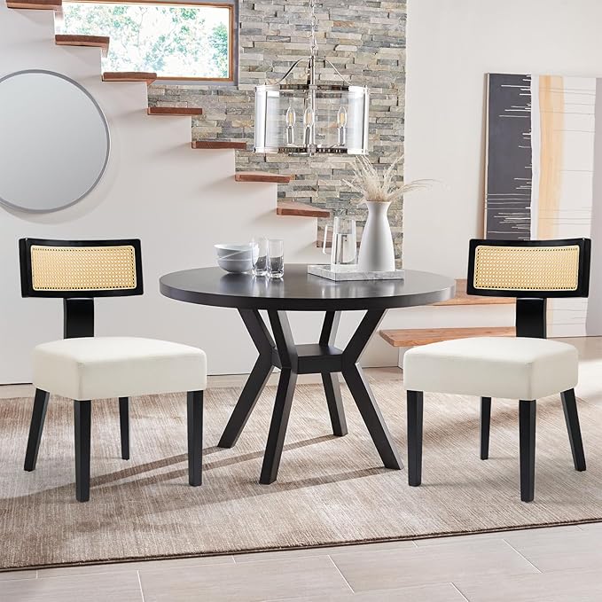Upholstered Rattan Dining Chairs Set of 6, Mid-Century Modern Fabric Dining Room Chairs with Black Hardwood Frame, Curved Backrest Kitchen Armless Accent Chairs for Living Room (Cream)