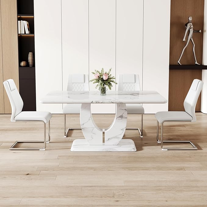 Dining Table Set for 4, Kitchen Table Chairs Set of 4, Modern Dining Room Set with 63 inch Marble Dinner Table PU Leather Upholstered Chairs for Dining Room Kitchen
