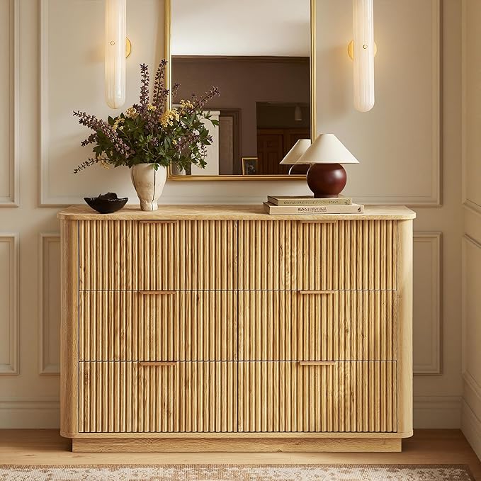 win2win 6 Drawer Dresser, Mid Century Modern Dresser with Storage, 47" Wide Fluted Chest of Drawers with Faux Marble Top, Dressers TV Stand, Drawers Organizer for Bedroom, Living Room, Hallway, Oak