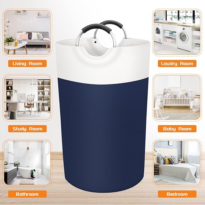 BlissTotes 90L Laundry Basket, Freestanding Laundry Hamper, Collapsible Dirty Clothes Hamper, Waterproof Fabric with Foam Protected Aluminum Handles for College, Dorm, Family (Blue)