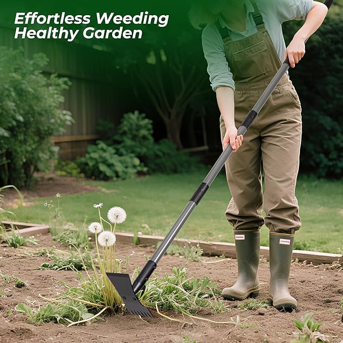 Walensee Weed Puller Tool with Long Handle, 64inch Manual Weeder Remover Tool, 7-Tines Weed Rake and 2-in-1 Hoe Garden Tool for Gardening, Uprooting Weeding Pull for Yard, Lawn, Patio and Garden