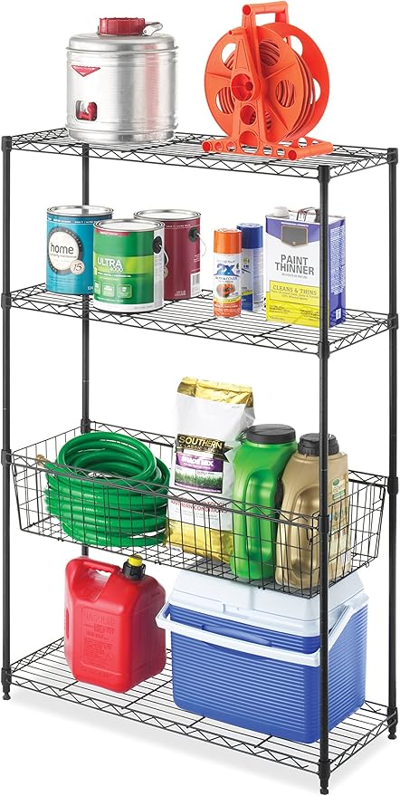 Whitmor 4-Wire Shelving Unit, Metal Storage Shelves with Basket, Easy Assembly Home Organizer for Pantry, Kitchen, Garage, Plant