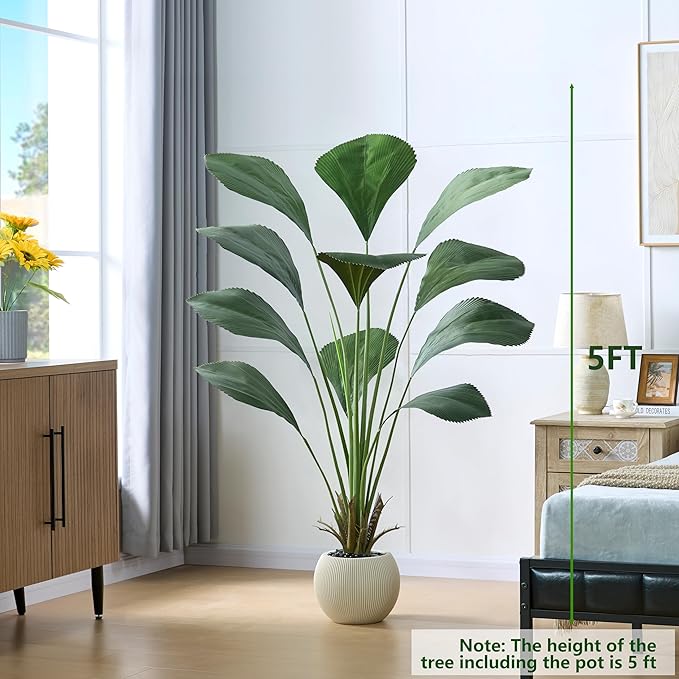 Artificial Palm Tree Faux Joey Palm Tree, 5FT Tall Tropical Areca Floor Plant in Pot Indoor and Outdoor Fake Palm Trees for Home Bathroom Porch Outside Patio Decor