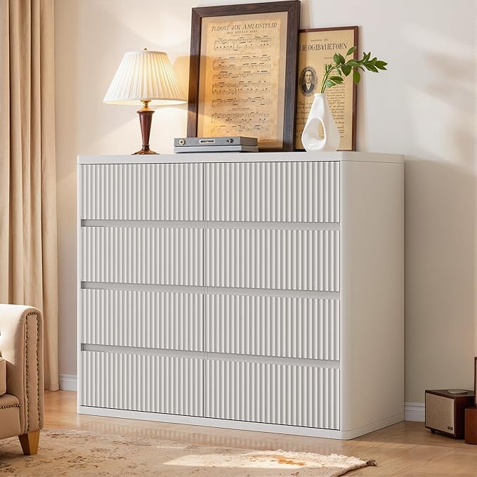 White 8 Drawer Dresser, Modern Fluted Dressers & Chest of Drawers for Bedroom, 48" Wide Dresser TV Stand with Deep Drawer, Curved Profile, Wood Organizer for Bedroom, Living Room, Hallway