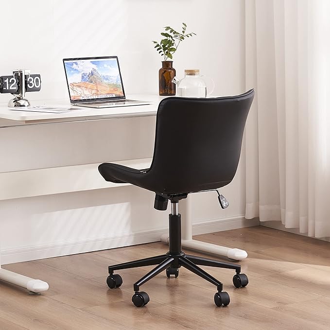 YOUTASTE Black Office Chair, Modern Armless Desk Chair with Back, Adjustable Swivel Rolling Faux Leather Task Chair with Wheels Metal Base for Home Office, Study, or Vanity