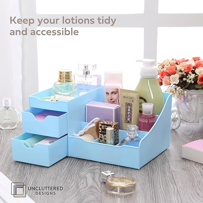 Uncluttered Designs Makeup Organizer With Drawers - Modern Countertop Storage for Cosmetics - Chic Vanity Holder for Cologne, Skincare, Brush, Lipstick, Nail Polish Organization & Display (Blue)