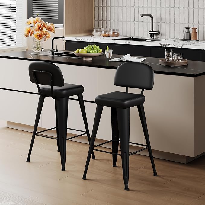 Aklaus PU Leather Metal Bar Stools 26 inch Faux Leather Counter Height Barstools Set of 2 Modern Farmhouse Bar Chairs with High Backs and Faux Leather Seat for Kitchen Island Dining Room Matte Black