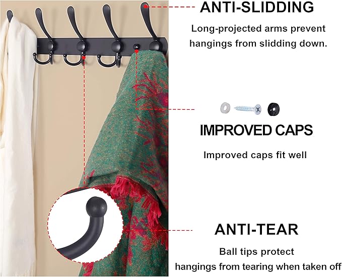 Dseap Coat Rack Wall Mounted - 5 Tri Hooks, Heavy Duty, Stainless Steel, Metal Coat Hook Rail for Coat Hat Towel Purse Robes Mudroom Bathroom Entryway (Blue, Pack of 2)