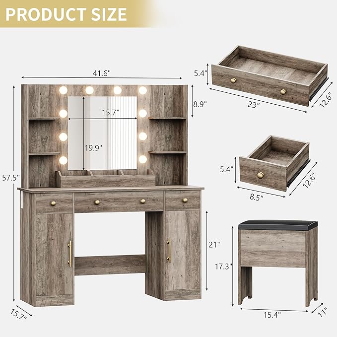 Vanity Desk with Mirror and Lights, 43'' Grey Makeup Dressing Table Set with 5 Drawers & Chair, Power Outlet, 3 Lighting Modes Adjustable Brightness & RGB LED for Women Girls Bedroom Bathroom