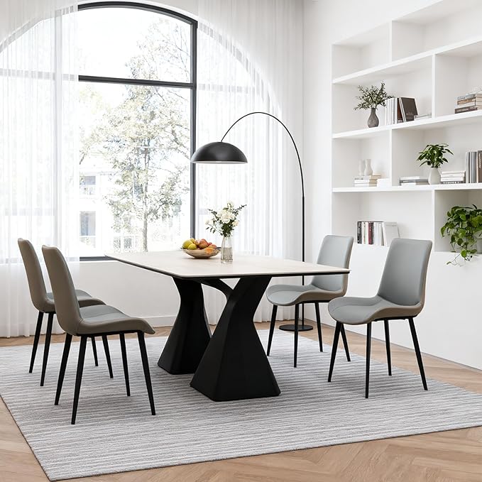 Dining Chairs, Modern PU Leather Dining Room Chair with Sturdy Metal Legs, Upholstered Seat Dinner Chairs Accent Side Chairs for Indoor Kitchen Living Room (Light Grey & Dark Grey, Set of 8)