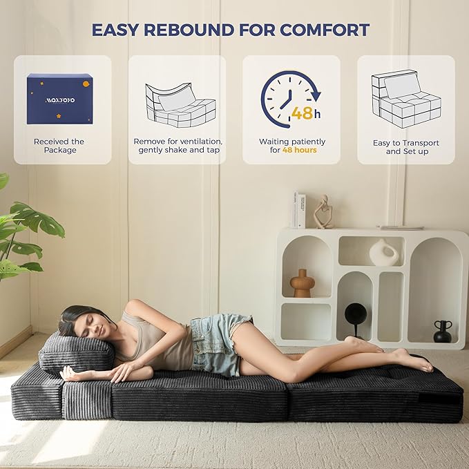 MAXYOYO Convertible Sofa Bed, Fold Out Single Sleeper Sofa with Pillow, 4 in 1 Tufted Folding Couch Bed Foam Floor Couch, Lazy Chair for Living Room Bedroom Guest Room, Black