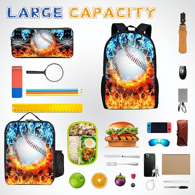 3PCS Baseball Backpack Set for Boys, Lightweight Large Backpack with Lunch Box & Pencil Case, Cool Sport Bookbag for Kids, Back to School Backpacks for Elementary & Middle School - 01