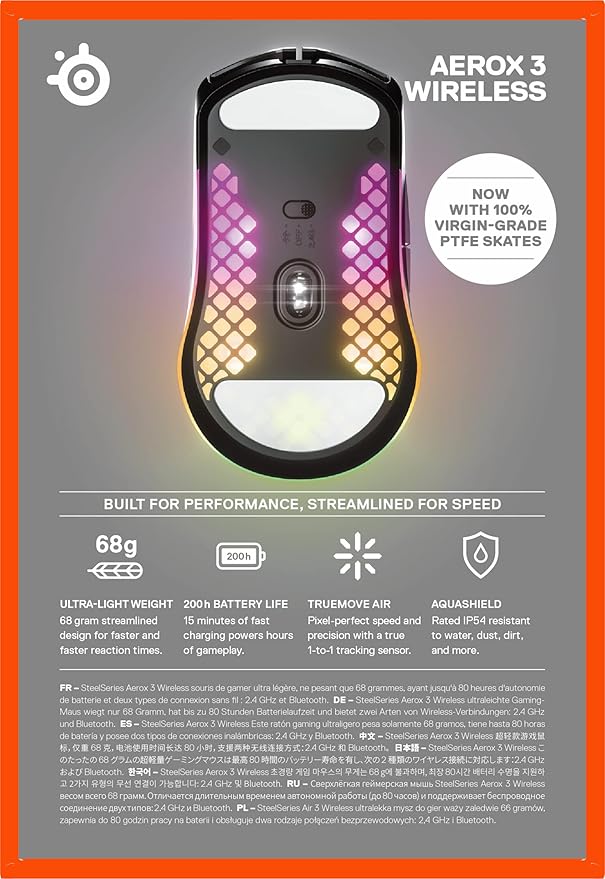 SteelSeries Aerox 3 Wireless - Holey RGB Gaming Mouse - Ultra-lightweight Water Resistant Design - 18K DPI TrueMove Air Optical Sensor- Onyx