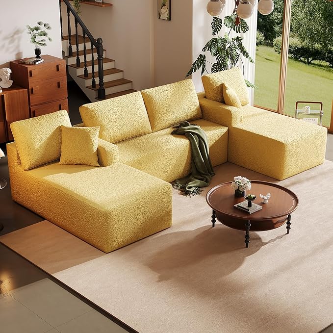 140" Modular U-Shaped Sectional Sofa, 7-Seater Cloud Couch with Double Chaise, Modern Sleeper Sofa,No Assembly Sectional Cloud Boneless Sofa Couches for Living Room/Apartment