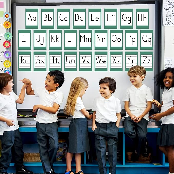 67 PCS Classroom Alphabet Number Educational Poster Cards with Weather Shape Color Learning Cards Decorations, Eucalyptus Green Bulletin Board Letter, School Home Wall Decor for Teacher