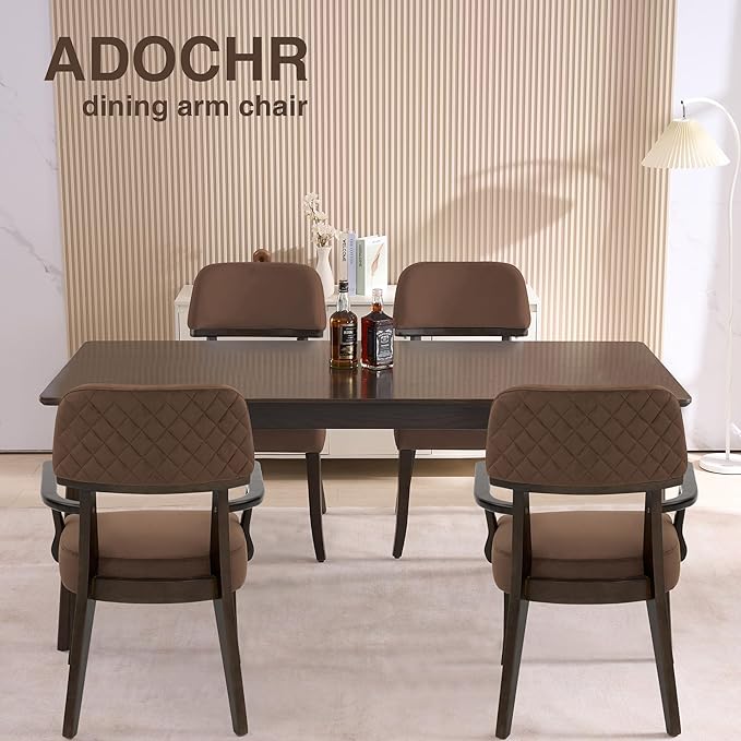 Modern Wood Dining Chairs with Arms Set of 4, Velvet Upholstered Kitchen Chairs with Open Curved Backrest & Black Hardwood Legs, Accent Chairs 350 LBS Capacity, Brown