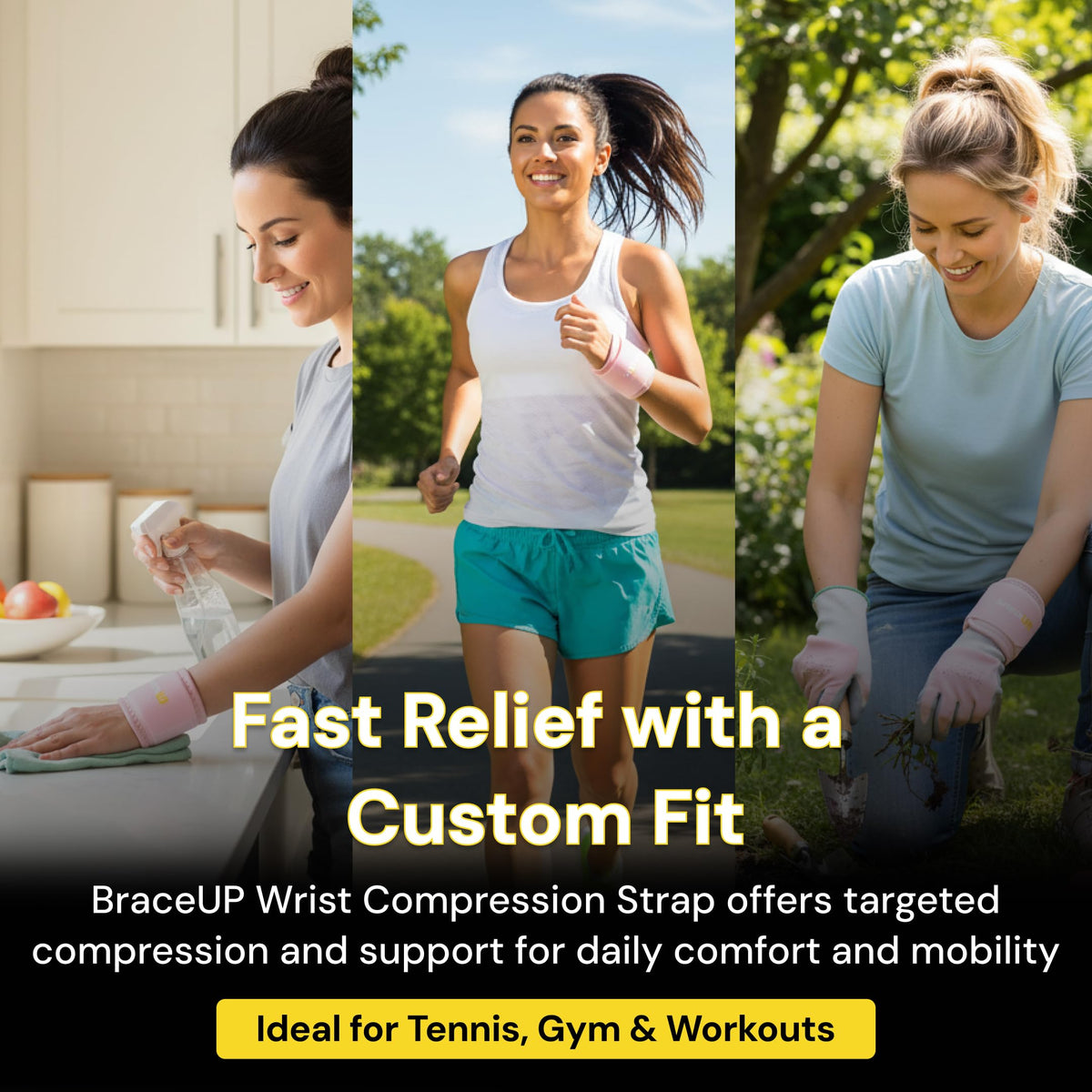 BraceUP Wrist Compression Strap and Support Brace, One Size Adjustable, 1 PC (Pink)