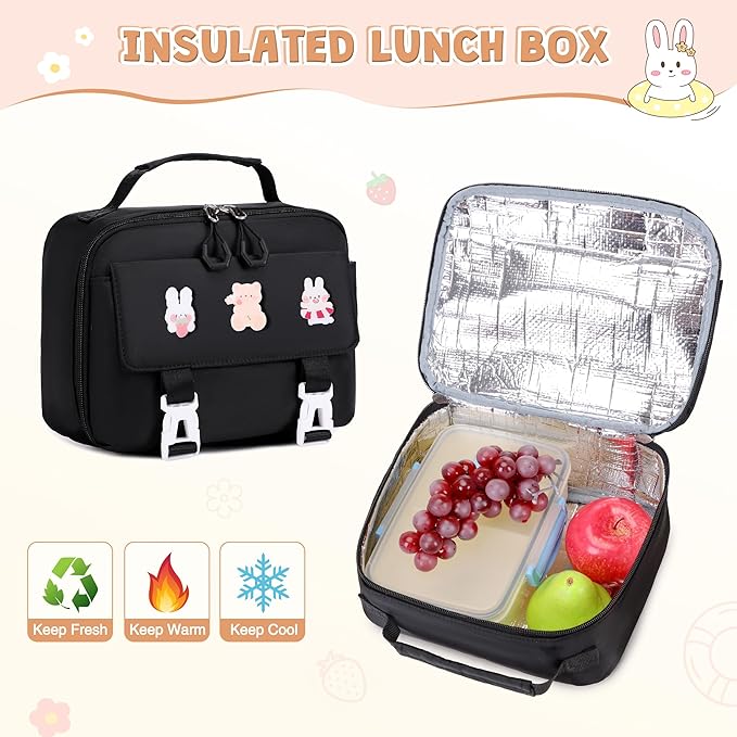 3PCS Girls Backpack for School, Kids Backpack for Girls with Lunch Box Pencil Case Set for Teen Girl Elementary Primary Middle High College School Bookbag with Cute Pins (Black)