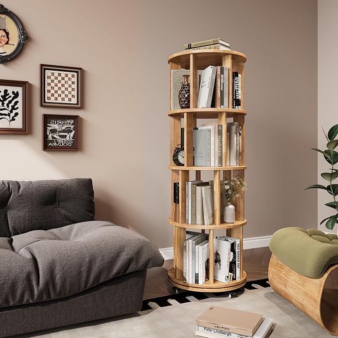 4-Tier Rotating Bookshelf, 360° Spinning Stackable Bookcase, Freestanding Bookshelf for Home Office Study Room Bedroom Living Room