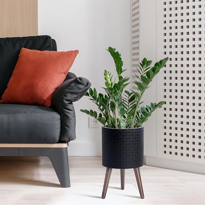 D'vine Dev 10 Inch Modern Geometric Tile Patterned Sleek Planter Pot with Stand, Indoor Outdoor Decorative Plant Holder, Matte Black, 88-Z-B-2
