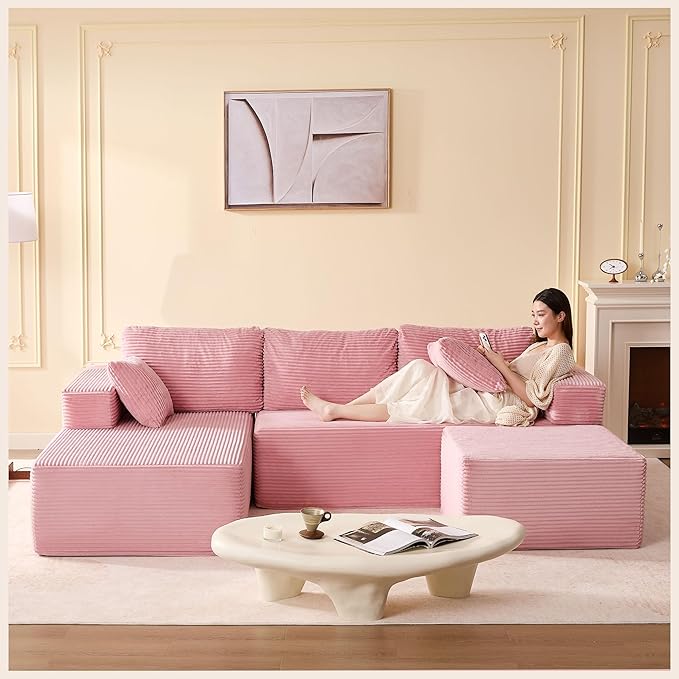 107" Boneless Couch with Deep Seat, Modular Sectional Sofa, Cloud Sectional Couch for Living Room, No Assembly Required, Corduroy, U-Shape 3 Seater Left, Pink