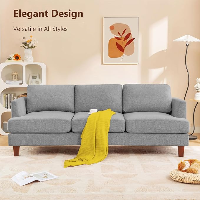 3 Seater Sofa Couch with Deep Seats, 89" Mid Century Modern Upholstered Sofa with Armrests, Comfy Couches for Living Room, Bedroom and Office, Linen Fabric Apartment Couch (Linen Grey)
