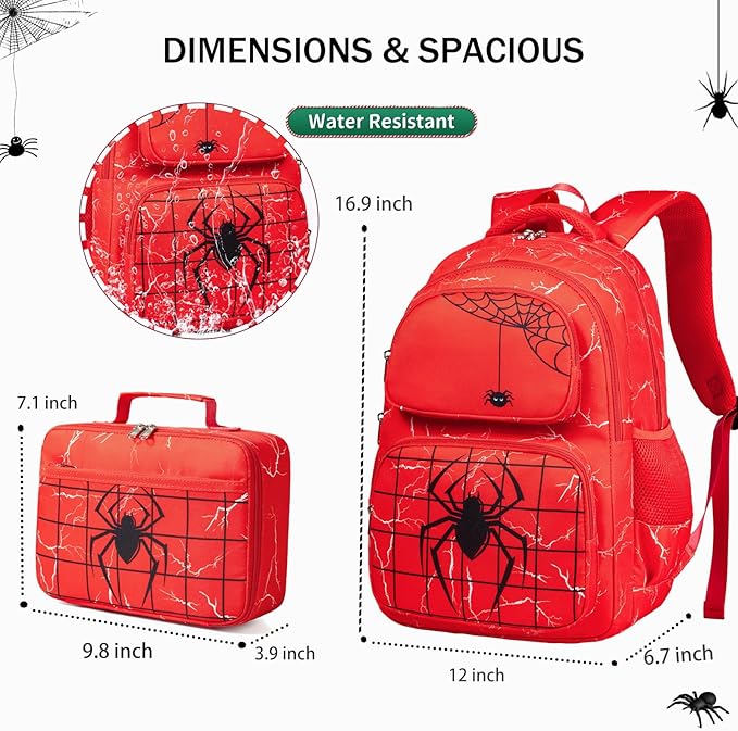 Boys Backpack with Lunch Box Glow in Dark Bookbag Kids Ages 4-12 Kindergarten Elementary School Spider Backpack, Luminous Spider Red