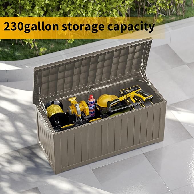 270 Gallon Outdoor Storage Box Waterproof Lockable Resin Deck Box Large, Patio Storage Bin for Pool Accessories Cushion Furniture, Garden Tools, UV-Resistant Outside Delivery Grey
