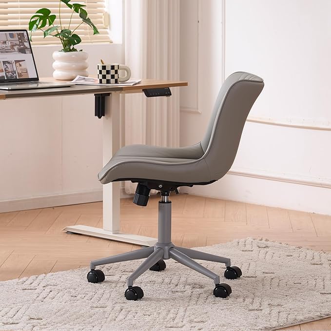 YOUTASTE All Grey Office Chair, Modern Armless Desk Chair with Back, Adjustable Swivel Rolling Faux Leather Task Chair with Wheels Metal Base for Home Office, Study, or Vanity