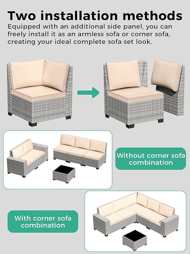 7 Piece Outdoor Wicker Rattan Sectional Sofa Set with Fire Pit Table, 5-Seats Conversation Set with 4" Thickened Cushions & Coffee Table, All-Weather PE Rattan for Garden, Backyard, Porch, Beige