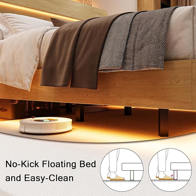 King Size Bed Frame with LED Headboard, Floating Bed Frame with Charging Station USB and V-Shaped Support, No Box Spring Needed, Noise Free, Easy Assembly, Oak