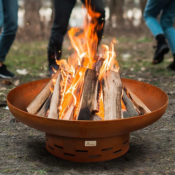 KOL 35" Dia. Heavy-Duty Fire Pit - Pre-Rusted Corten Steel Round Firepit Large Fire Bowl with Stand - Weathering Steel Wood Burning Fireplaces for Outside Backyard Deck Party Bonfire