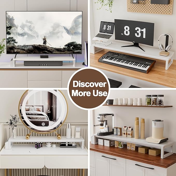 LAND·VOI Dual Monitor Stand Riser,41.5'' Long Monitor Stand for 2 Monitors, Wood and Steel Computer Monitor Stand, Desktop Oraganizer with Pen Holder, Monitor Riser for Desk Computer,Laptop,TV, White