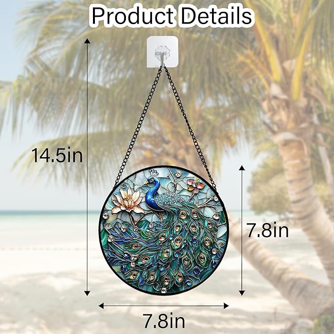 Stained Glass Window Hanging, Blue Peacock Decoration Suncatcher for Door Garden Home Flower Bird Sun Catchers Christmas Mother's Day Birthday Gifts for Women Men Mom Nana Friend 7.8 in