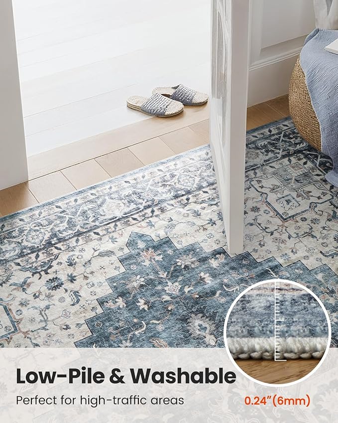 AMADA HOMEFURNISHING 5ft Round Area Rug, Low-Profile Washable 5x5 Rugs with Non-Slip Backing & Durable Edge Binding, Vintage Rug for Kitchen, Bedroom & Hallway, Blue