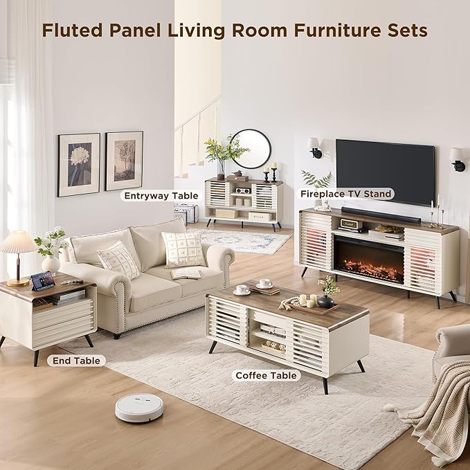 RedLemon 46" Entryway Table, Mid Century Modern Console Table with Slatted Sliding Door, Storage Shelf Wood Sofa Table Behind Couch for Hallway, Living Room, Foyer, Antique White