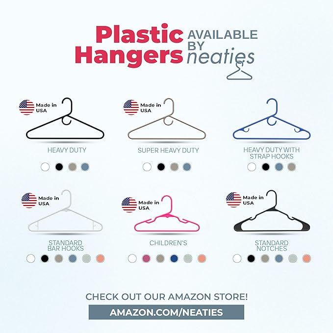 Neaties Plastic Hangers 50 Pack (60 Count) – Made in The USA – 6lb Capacity Standard Clothes Hangers with Strap Hooks for Dresses, Lingerie, Shirts, Pants, and Jackets – Pink