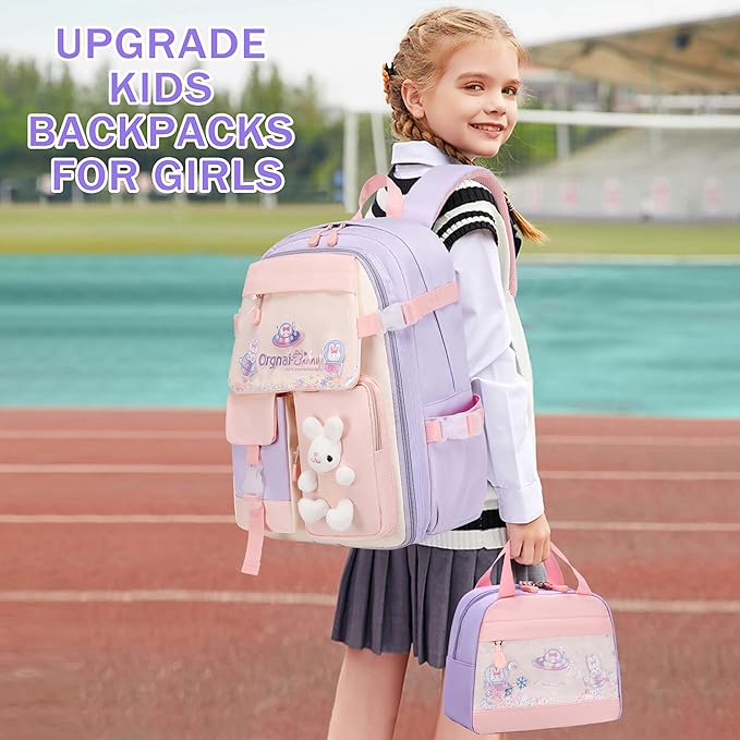 Girls Backpack Set, 3PCS Kids Backpack for Girls, Kawaii Bunny School Backpacks for Girl Kindergarten Elementary Preschool Middle School Bags with Lunch Box Pencil Case Purple