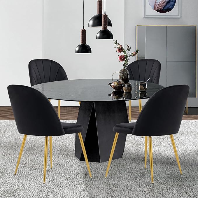 Velvet Dining Chairs Set of 4, Upholstered Mid Century Modern Dining Room Chairs, Armless Accent Chairs with Metal Gold Legs for Living Room, Kitchen, Black