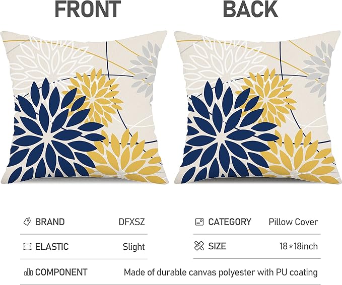 Outdoor Pillow Covers 16x16 Inch Set of 2 Navy Blue Yellow Outdoor Waterproof Decorative Throw Pillows Summer Spring Decor for Home Patio Funiture Garden Living Room Polyester Cushion Covers 01G16