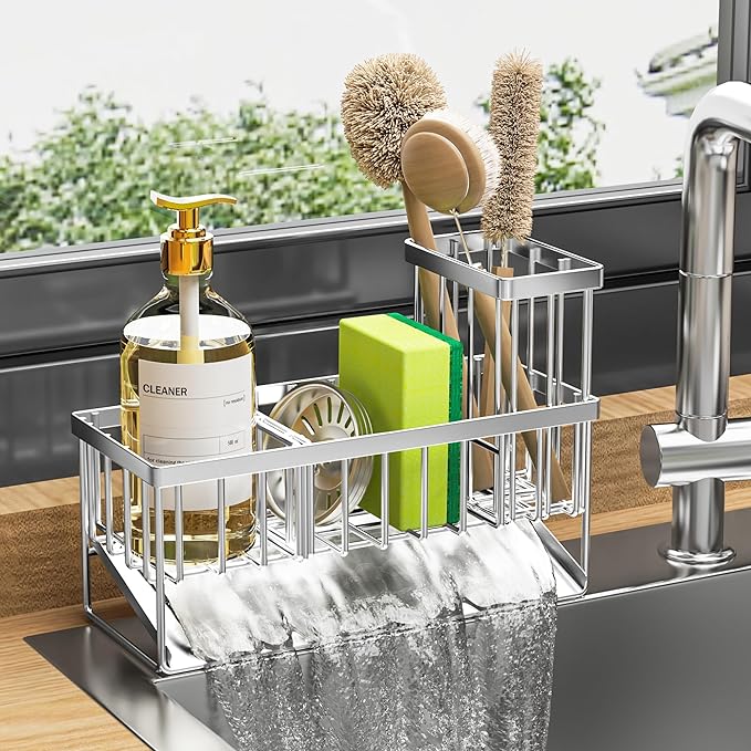 Cisily Sink Caddy Sponge Holder for Kitchen, 304 Stainless Steel Rustproof, Kitchen Sink Caddy with High Brush Holder, Dish Sponge Organizer with Divider(Silver)