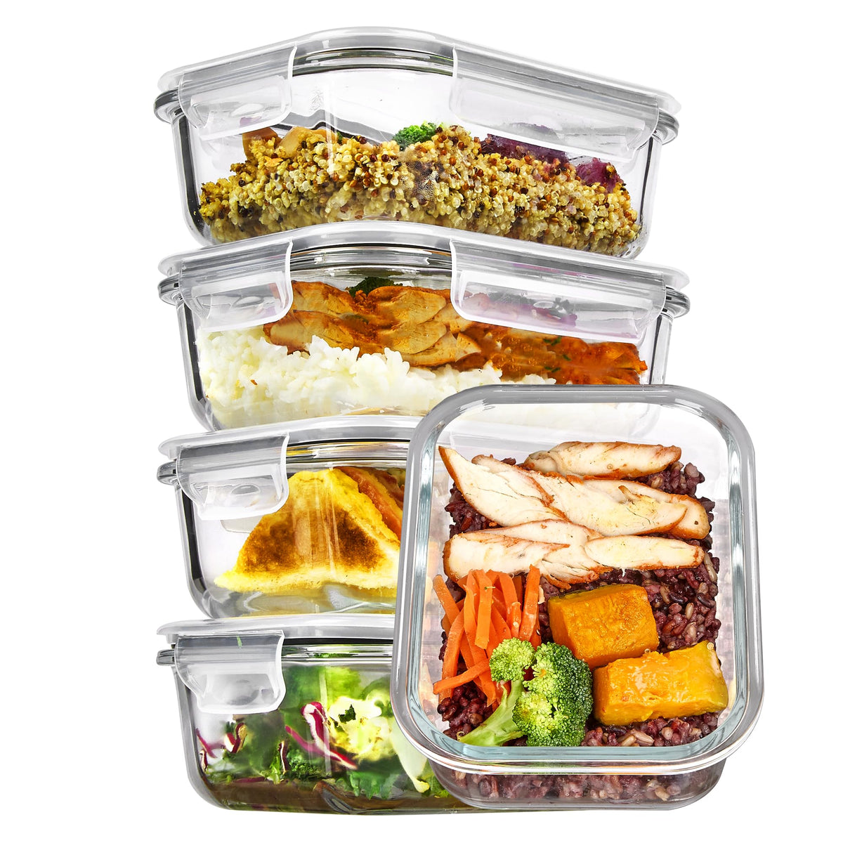 Vtopmart 5 Pack 35oz Glass Food Storage Containers with Lids, Grey